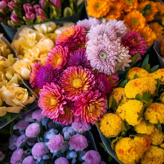 Levendige bloemboeketten verkocht op de markt Generatieve AI