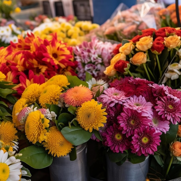 Levendige bloemboeketten verkocht op de markt Generatieve AI