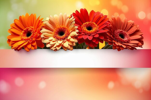 Foto levendige bloemen sjabloon met drie kleurrijke gerbera madeliefjes in rood en oranje met een bokeh achtergrond en copyspace voor uw tekst of bericht