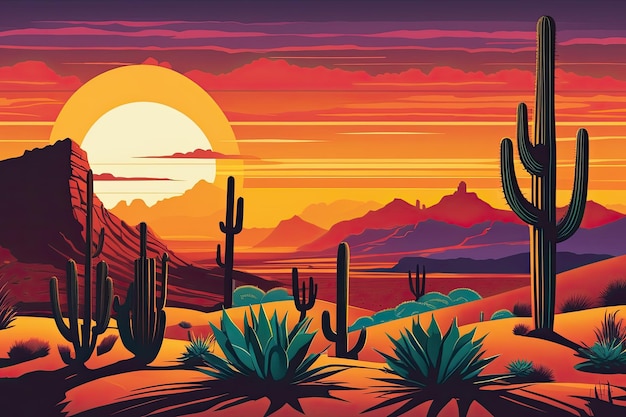 Levendige cartoon woestijn zonsondergang met cactussen en heuvels