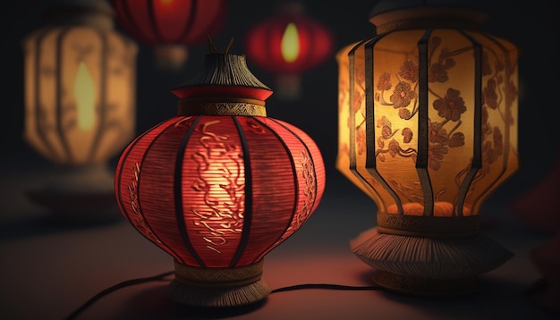 Levendige Chinese papieren lantaarns die in een feestelijke omgeving hangen