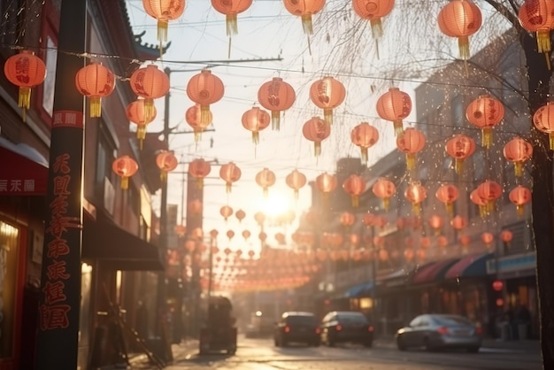 Levendige Chinese stad tijdens het Chinese Nieuwjaar met papieren lampen