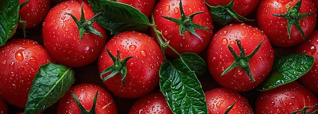 Levendige close-up van verse rijpe rode tomaten met waterdruppels verse tomatenachtergrond