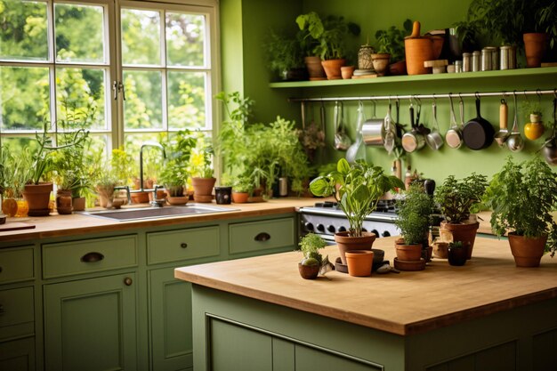 Levendige collectie potplanten die de keukentafel sieren Generatieve AI