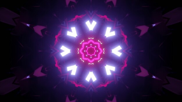 Levendige contrast 3d illustratie abstracte visuele achtergrond van donkere fantastische ronde gevormde tunnel verlicht met witte en roze neonlichten die geometrische versiering vormen