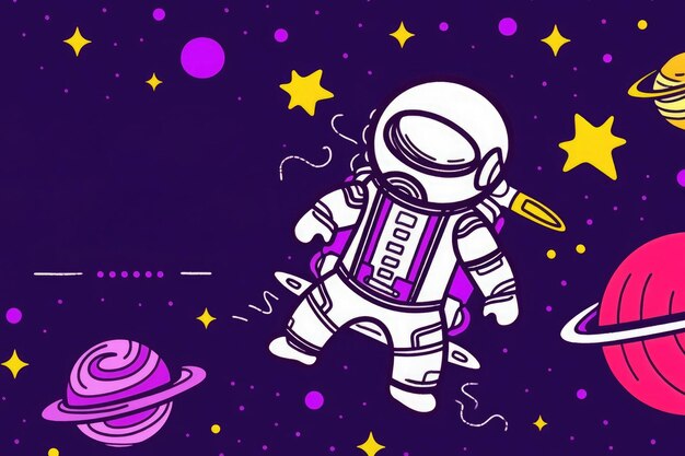 Levendige digitale kunst met een ruimtetema met een gestileerde astronaut met grillige planeten en heldere sterren op een paarse achtergrond