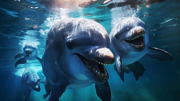 Levendige dolfijnen zwemmen vreugdevol met hun mond open in kristalhelder water Generatieve AI