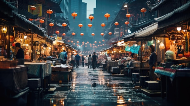 Levendige en bruisende nachtmarktstraat in China achtergrond