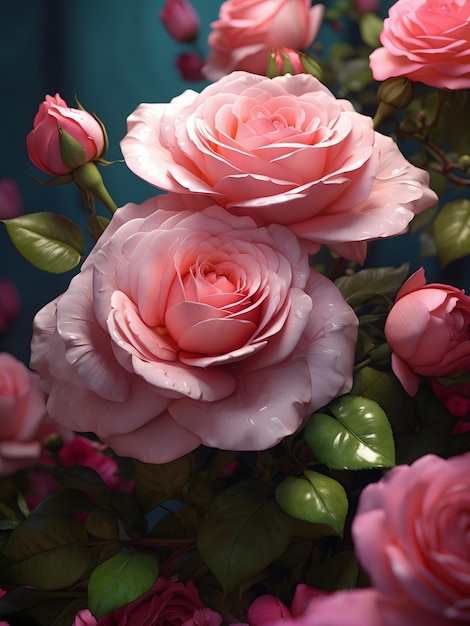 Levendige en gedetailleerde digitale schilderij van een prachtige roos met weelderige groene bladeren tegen