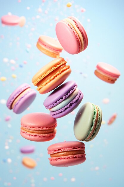 Levendige en grillige Macaron-giraffen die door de lucht zweven op een serene blauwe achtergrond Generatieve AI