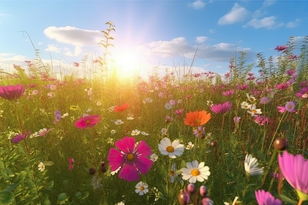 Levendige en heldere bloemen in een veld met fotorealistische landschappen in de lente en zomer Help de planeet te redden Generatieve AI