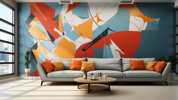 Levendige en kleurrijke abstracte schilderij op de muur achter de bank