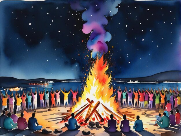 Levendige en kleurrijke aquarel schilderij van een groot vuur's nachts voor holika dahan