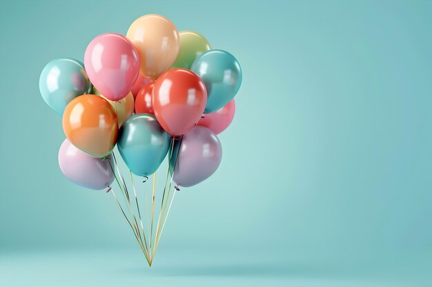 Levendige en kleurrijke ballonboeket drijvend op lichtblauwe achtergrond voor verjaardag of feestdag