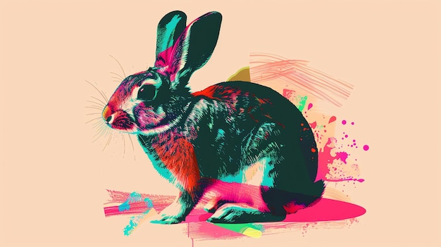 Levendige en kleurrijke illustratie van een konijn Het konijn wordt afgebeeld in een zitpositie met zijn oren omhoog en zijn ogen wijd open