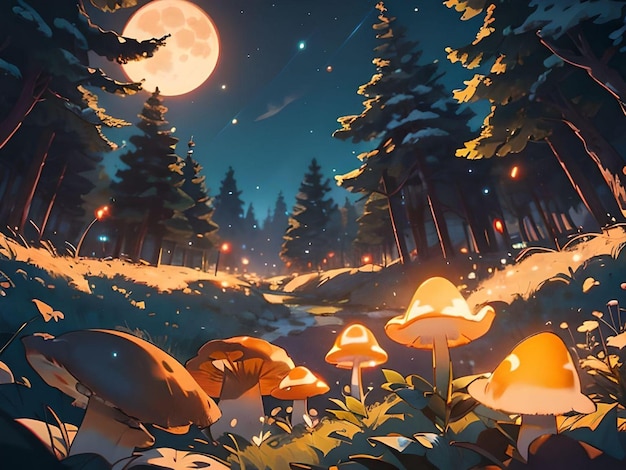 Levendige en magische gloeiende paddenstoelen in het magische bos met vuurvliegjes en supervolle maan
