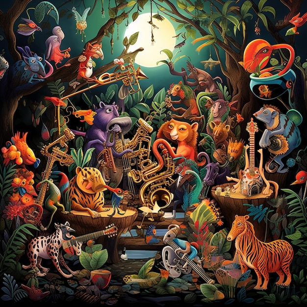 Levendige en surrealistische junglescène met dieren die jazzinstrumenten bespelen