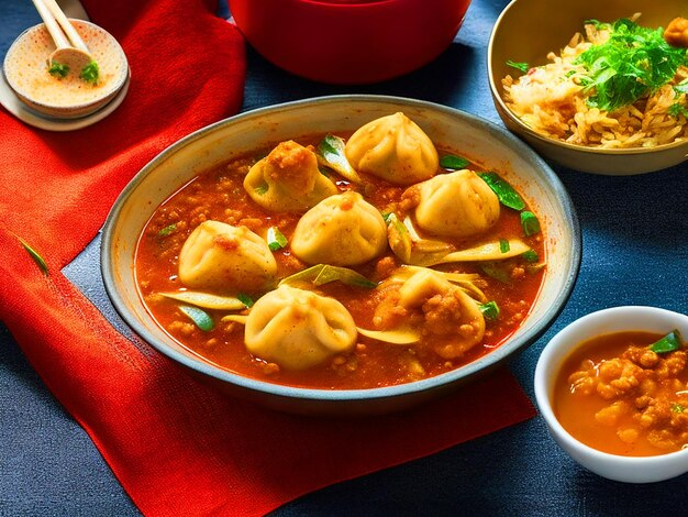 levendige en verleidelijke afbeelding van pittige dumplings Pangsit Pedas Benadruk de rijke kleuren en textuur