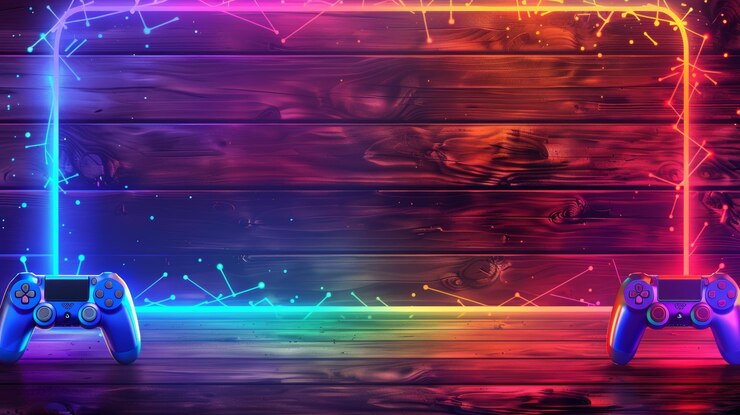 Foto levendige esport event background met neon lights en gaming controllers op houten oppervlak