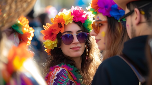 Levendige festival sfeer met kleurrijke bloemen hoofdbanden vreugdevolle uitdrukking vastgelegd op een openlucht evenement levendige feest sfeer met stijlvolle kleding AI