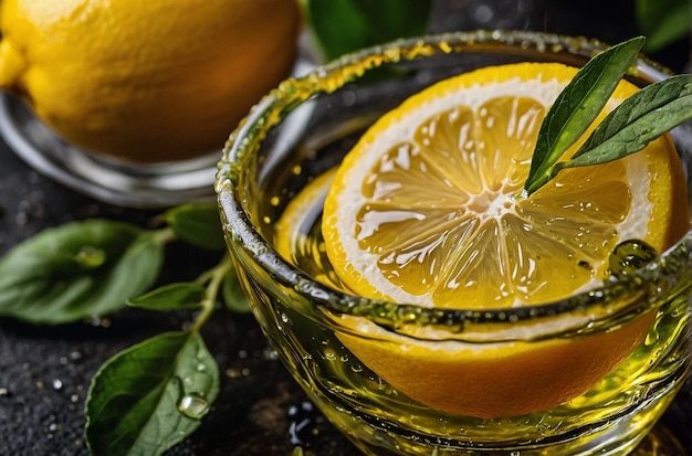 Levendige foto van citroensap in kruiden