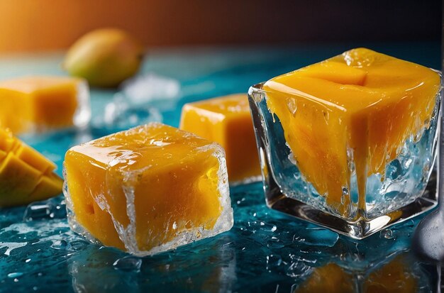 Foto levendige foto van mango juice ice cubes