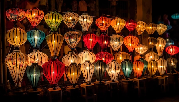 Levendige gekleurde lantaarns verlichten het traditionele Chinese festival in de donkere nacht, gegenereerd door AI