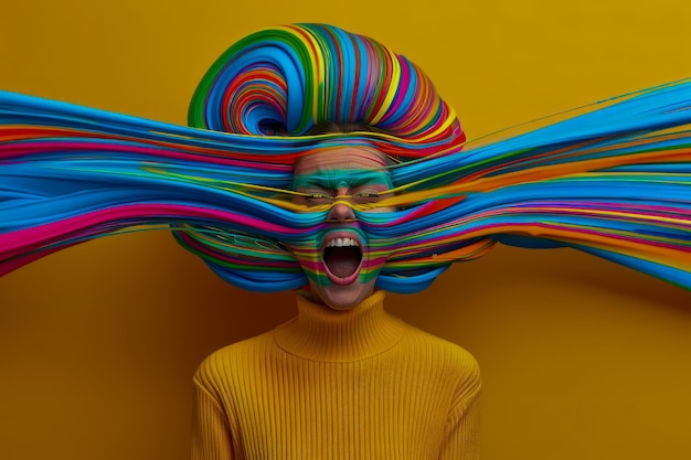 Foto levendige gekleurde stof stroomt over vreugdevolle gezichten op een levendige gele achtergrond abstracte kunst