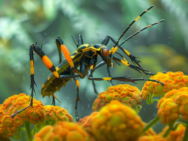 Levendige gele en zwarte gestreepte insecten op oranje bloemen met een weelderige groene achtergrond