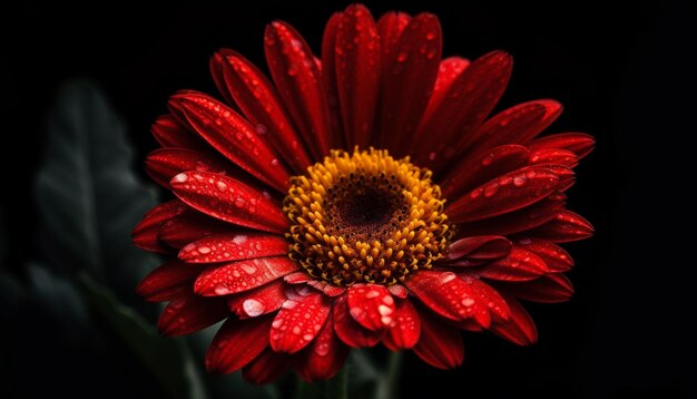 Levendige gerbera madeliefjebloesem nat van de dauw op zwarte achtergrond gegenereerd door kunstmatige intelligentie