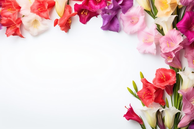 Levendige gladiolenbloemen op wit met kopieerruimte