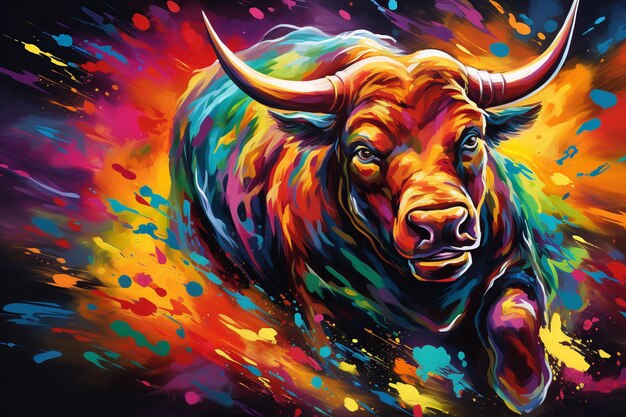 Foto levendige graffiti van wall street bull in gedurfde kleuren die kracht en energie uitstralen