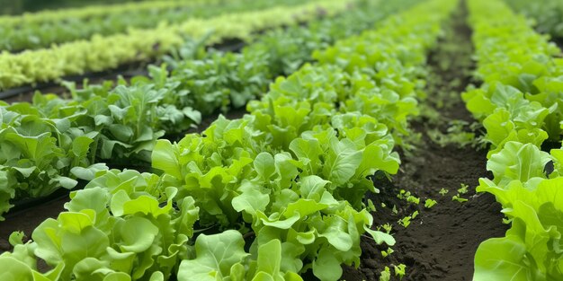 Levendige groene sla die in nette rijen op een duurzame boerderij groeit en verse gezonde producten toont