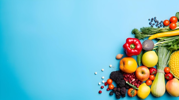 Levendige groenten en fruit op azuurblauwe tafel