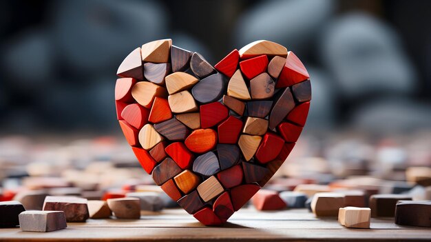 Levendige hartvormige illustraties gemaakt van kleine stukjes hout worden op een prominente plaats tentoongesteld