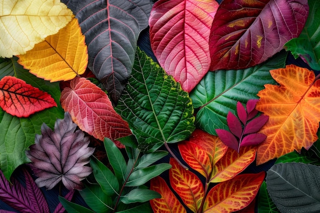 Foto levendige herfstbladeren met patroontextuur achtergrond in volledig kader met kleurrijke botanische details