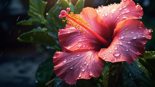 levendige hibiscusbloesem nat van de dauw glanst in tropisch