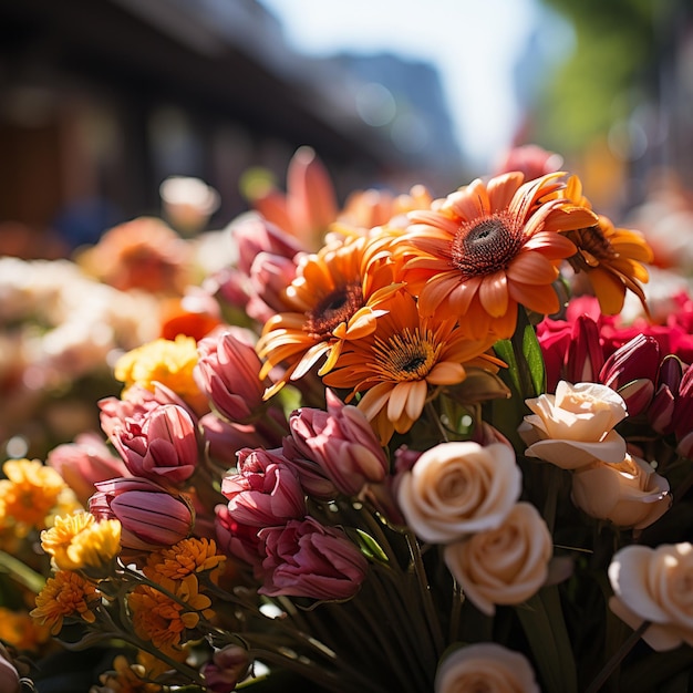 Foto levendige horizontale rangschikking van verse bloemen op de plaatselijke markt