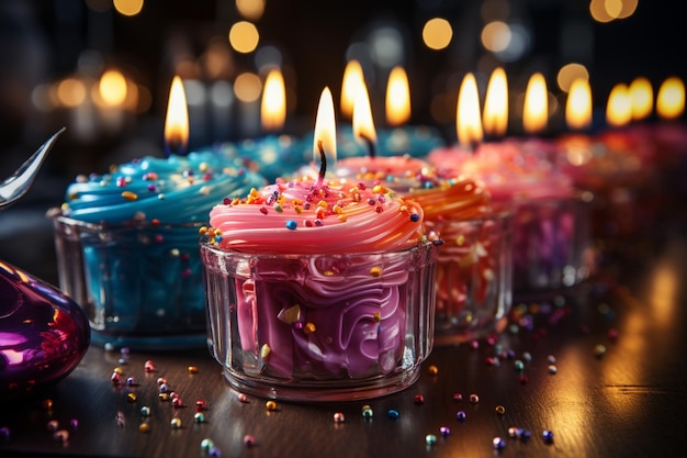 Levendige kaarsen staan in een rij om een vrolijke banner van verjaardagsviering te creëren
