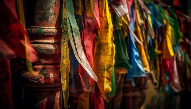 Foto levendige kleuren textiel hangen in rijen ter ere van inheemse culturen die door ai zijn gegenereerd