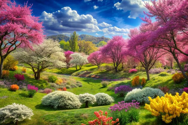 levendige kleuren van bloeiende bloemen en bomen in de lente