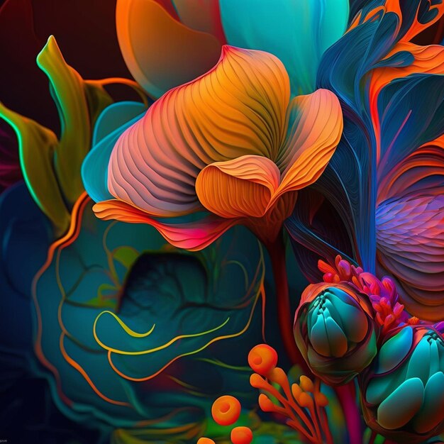Levendige kunstachtergrond Digitaal gegenereerd behangontwerp met bloemen