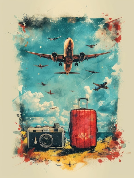 Foto levendige kunstwerken van vliegtuigen en reisiconen