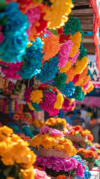 Levendige Mexicaanse papieren bloemen tentoongesteld op een traditionele markt