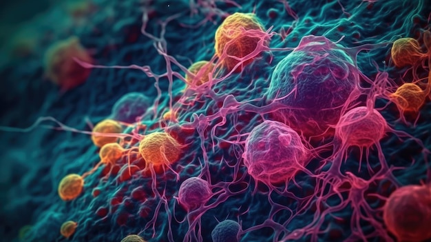 Levendige microscopische weergave van cellen van het immuunsysteem voor medische presentaties Generatieve AI