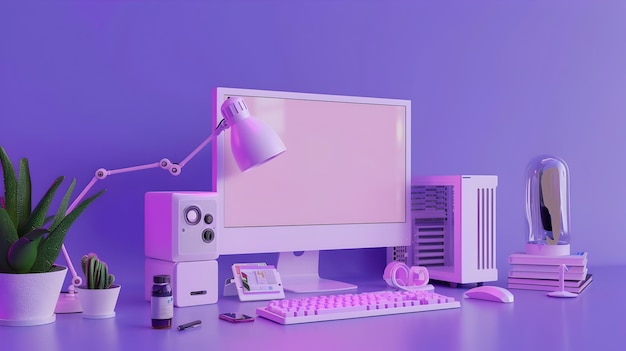 Levendige minimalistische werkruimte met roze en paarse inrichting en computerapparatuur