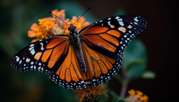 Levendige monarchvlinder bestuift gele bloemen in natuurlijke elegantie gegenereerd door kunstmatige intelligentie