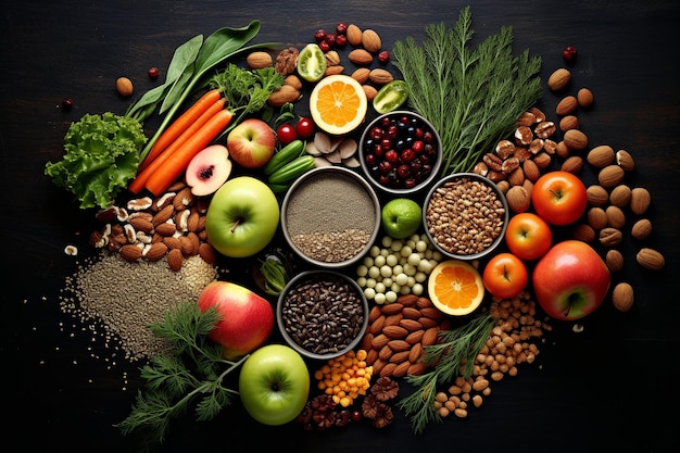 Levendige montage van gezonde voedingsmiddelen Fruit Groenten Noten Granen