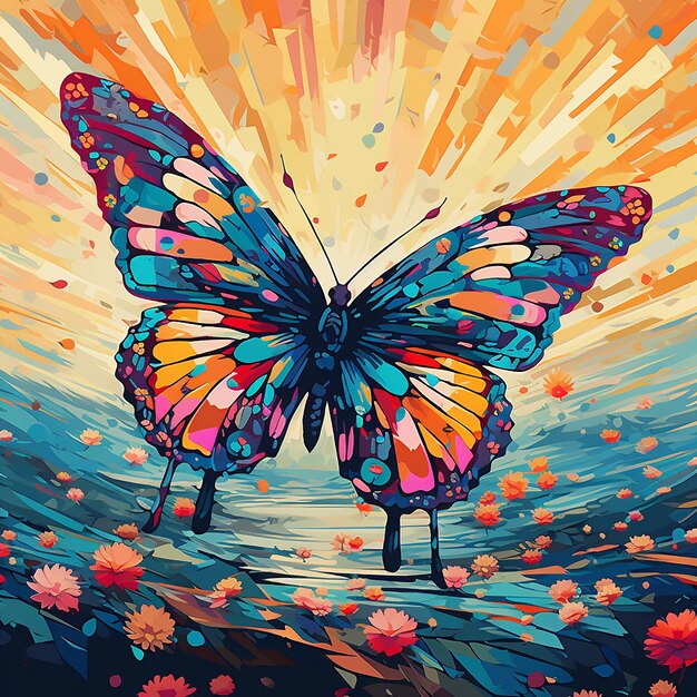 Levendige natuur dansvlinder vliegt over kleurrijke patronen