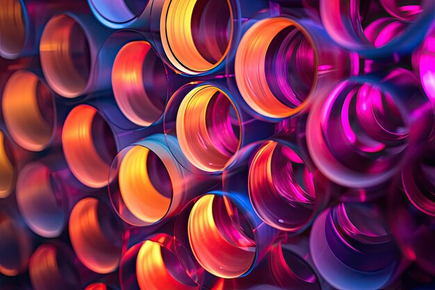 Levendige neon cirkels vormen een ingewikkeld patroon Dynamische weergave van neon cirkels die een uitgebreid en betoverend patroon creëren